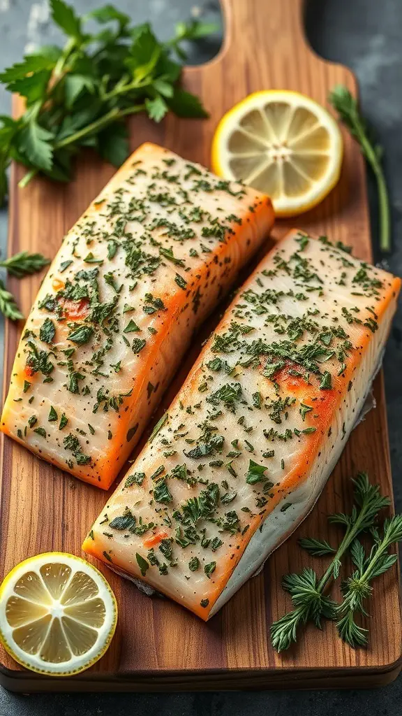 Herb-crusted salmon fillets on a wooden cutting board with lemon slices and fresh herbs.