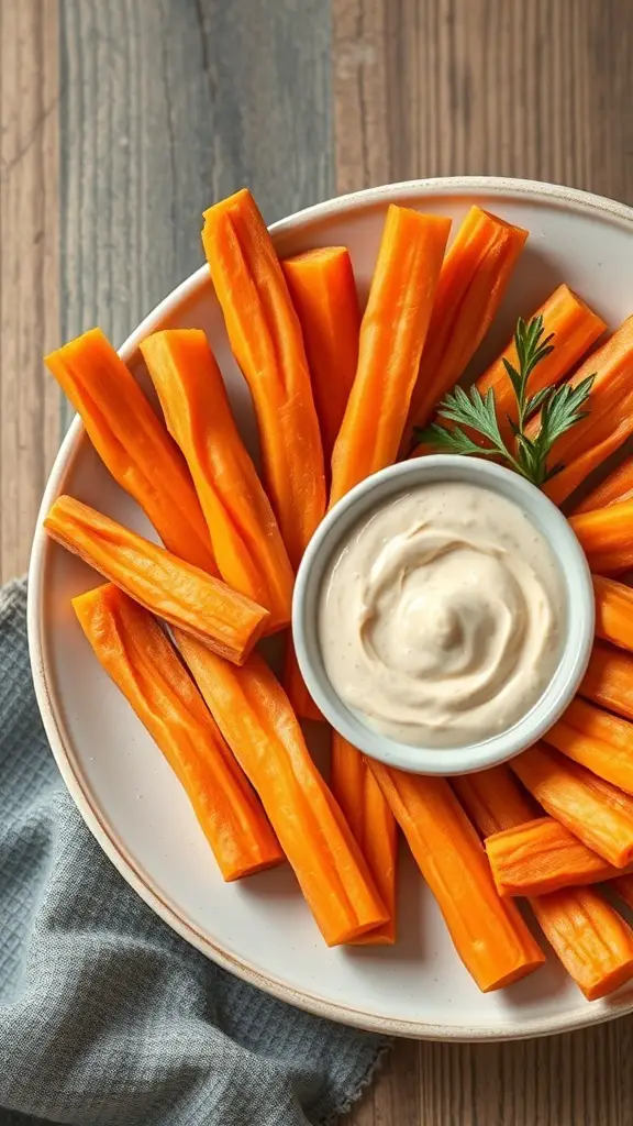 A plate of carrot sticks arranged around a small bowl of tahini dip.