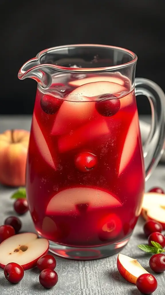 A pitcher of Cranberry Apple Sparkler with apple slices and cranberries
