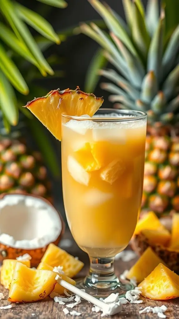 A refreshing Pineapple Coconut Cooler in a glass with ice and a slice of pineapple, surrounded by fresh pineapples and coconut.