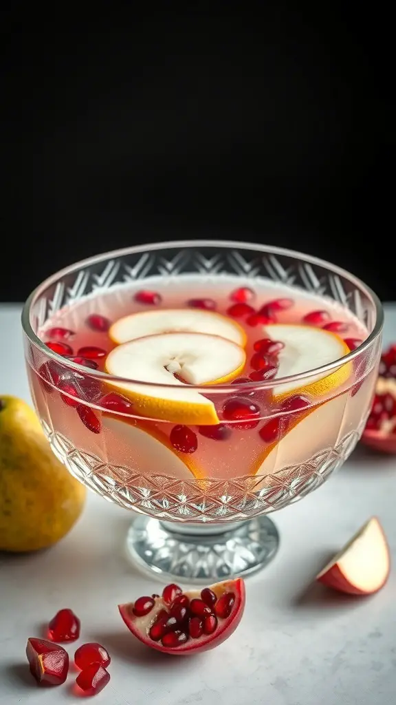 A bowl of sparkling pear and pomegranate punch with slices of pear and pomegranate seeds.