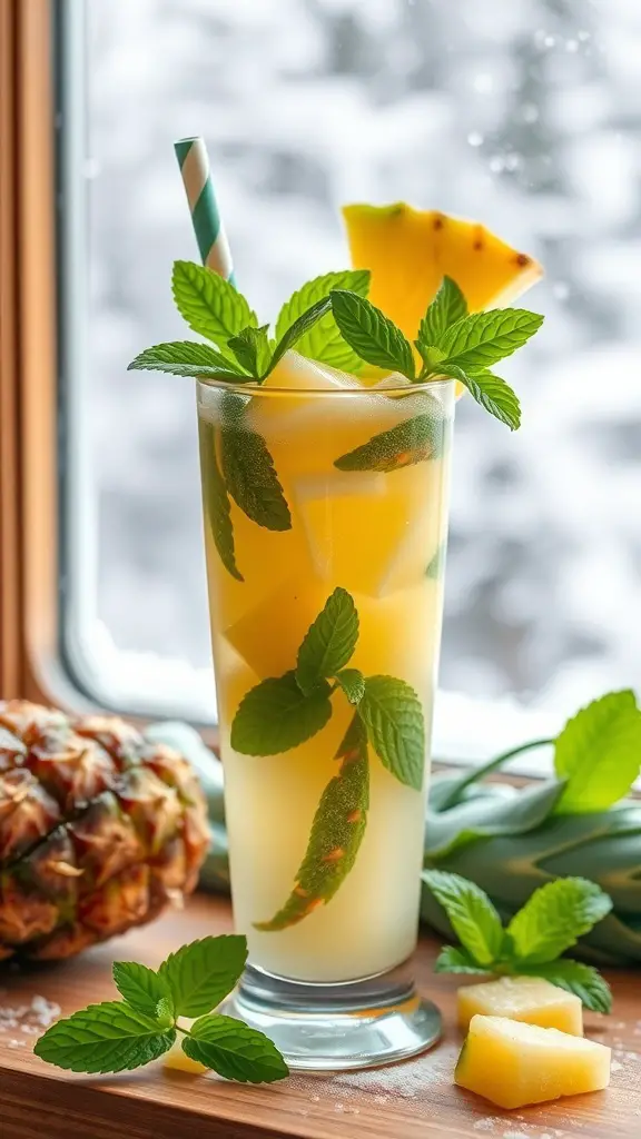 A refreshing Pineapple Mint drink with mint leaves and pineapple chunks, set against a snowy window.
