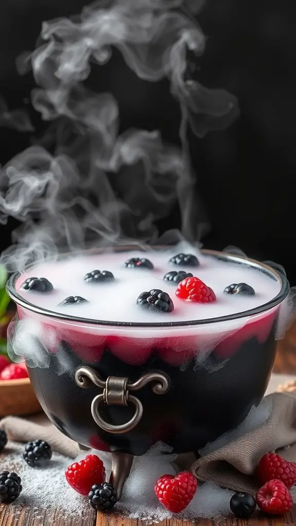 A bubbling cauldron filled with berry punch, surrounded by fresh raspberries and blackberries.