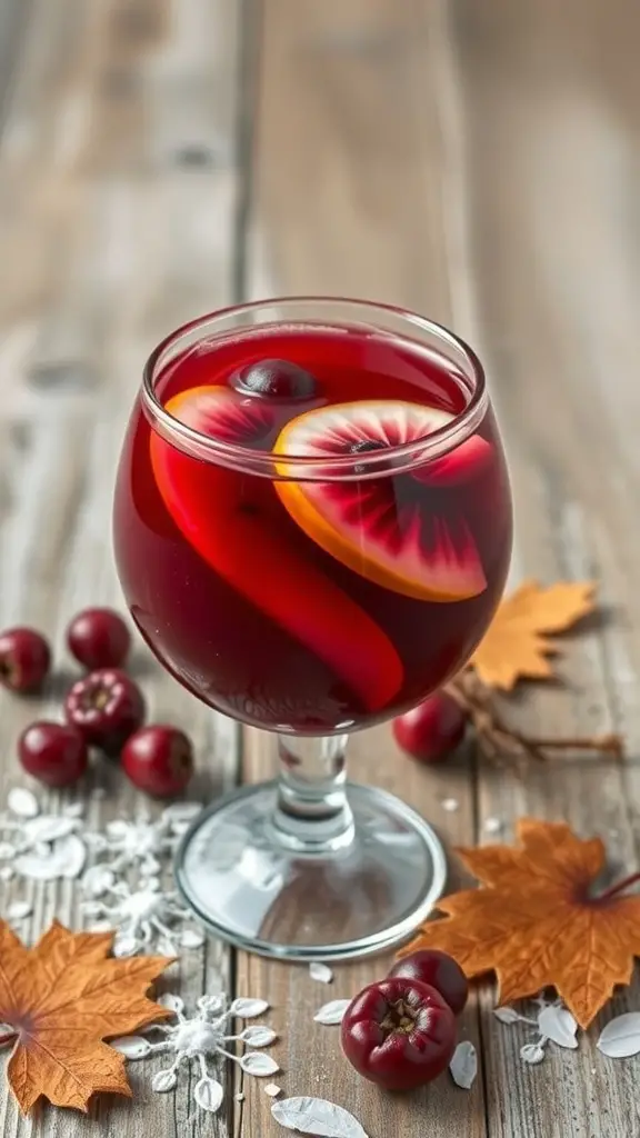 A glass of Creepy Cranberry Punch with fruit slices and cranberries on a wooden table.