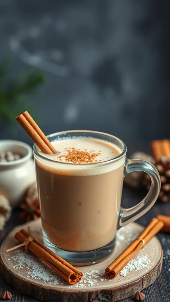 A chai spiced latte mocktail with cinnamon sticks, served in a clear glass.