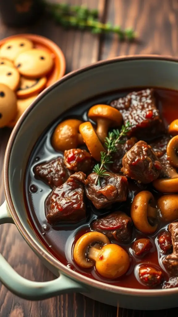 A bowl of Beef Bourguignon with mushrooms and herbs, served on a wooden table.