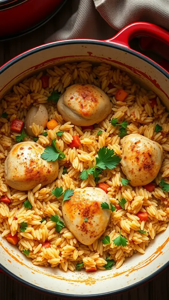 A Dutch oven filled with chicken and orzo pasta, garnished with herbs and colorful vegetables.