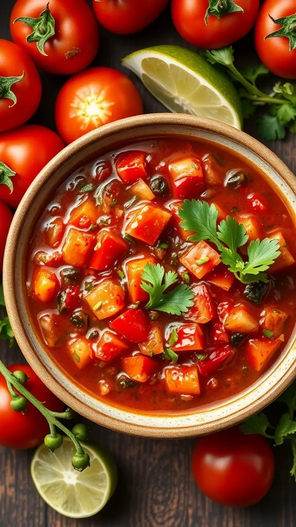 A bowl of roasted Hatch chili salsa with diced tomatoes and herbs, surrounded by fresh tomatoes and lime.