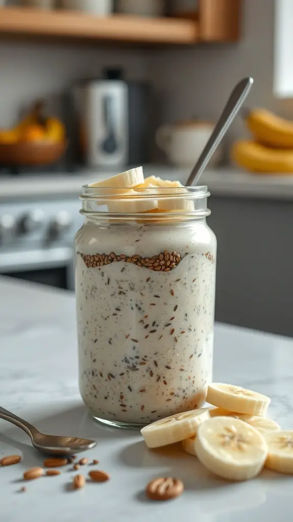 A jar of overnight oats with flaxseeds and banana slices on top, placed on a kitchen counter.