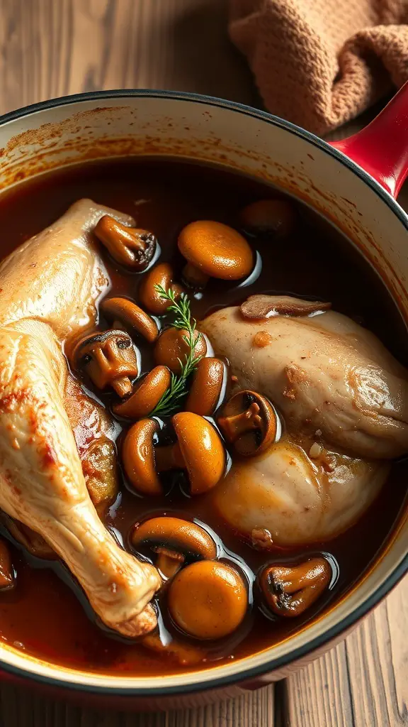 A Dutch oven with chicken and mushrooms in a rich sauce