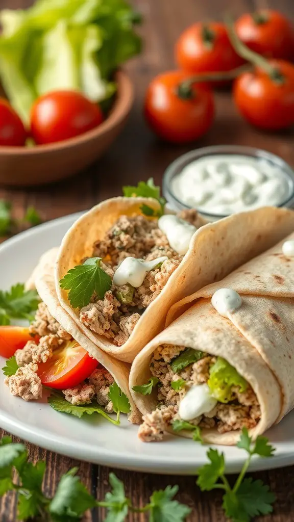 Two Mediterranean turkey pita wraps filled with ground turkey, lettuce, tomatoes, and yogurt sauce, with fresh ingredients in the background.
