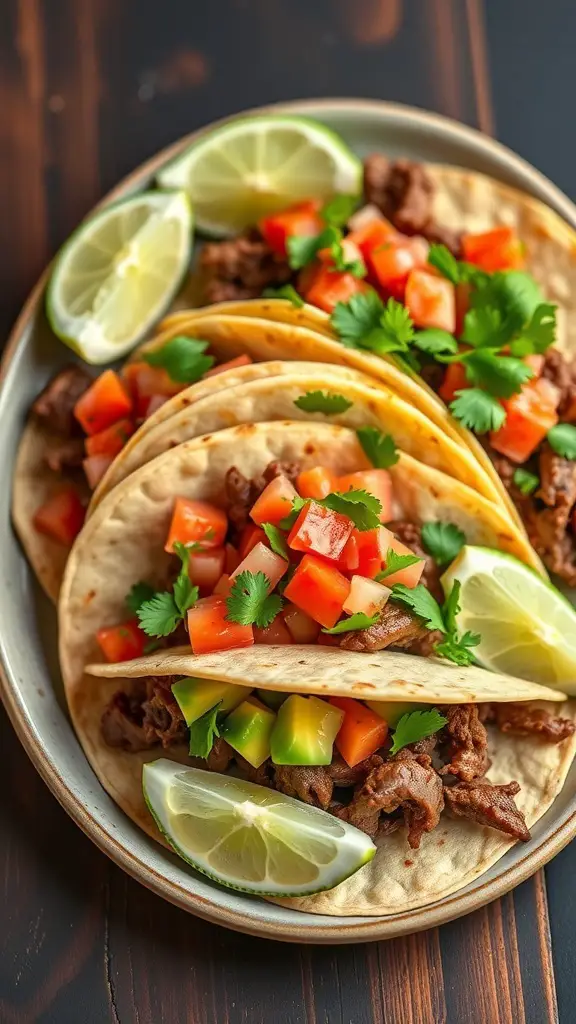 A plate of beef tacos topped with fresh salsa, tomatoes, and lime wedges.