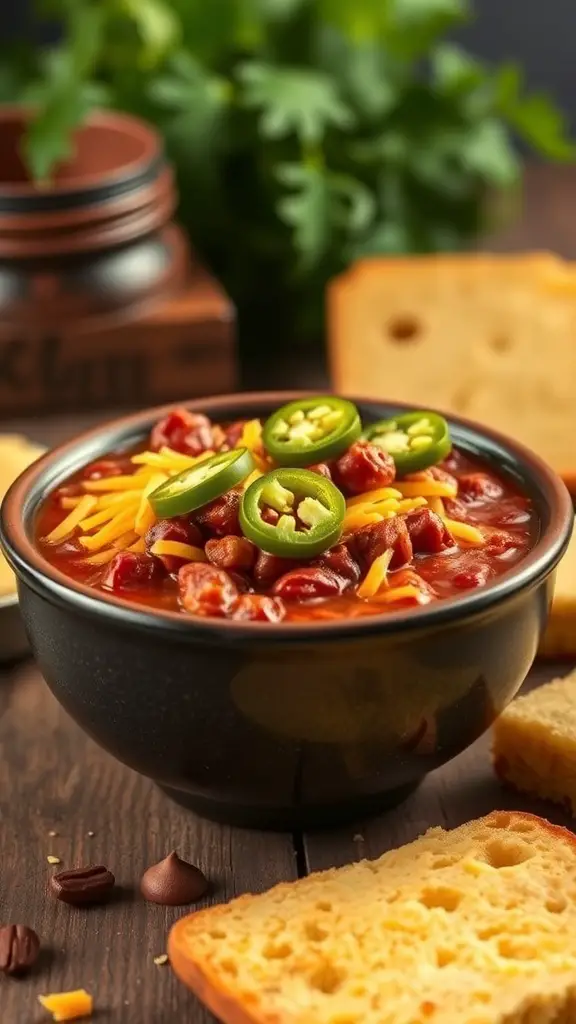 A bowl of spicy beef chili topped with jalapeños and cheese, with bread on the side.