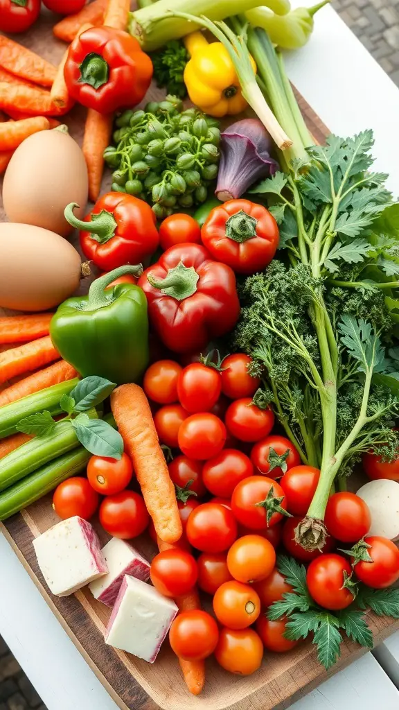 A colorful assortment of fresh vegetables including bell peppers, carrots, tomatoes, and greens arranged on a charcuterie board.