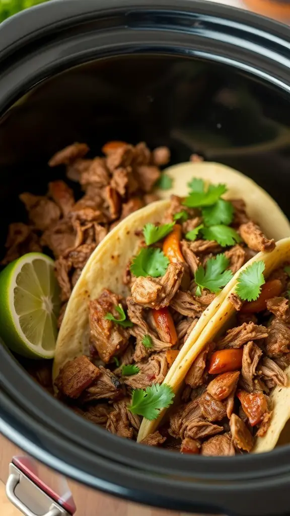 Crock pot pork carnitas tacos with cilantro and lime