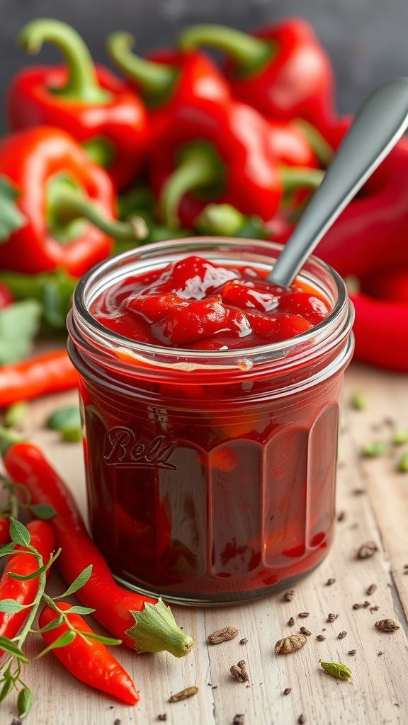 A jar of roasted red pepper jam with fresh red peppers in the background.