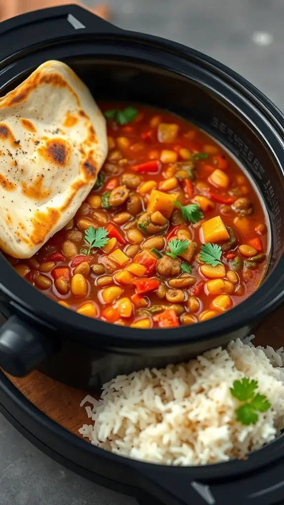 A bowl of lentil and vegetable curry with rice and naan.