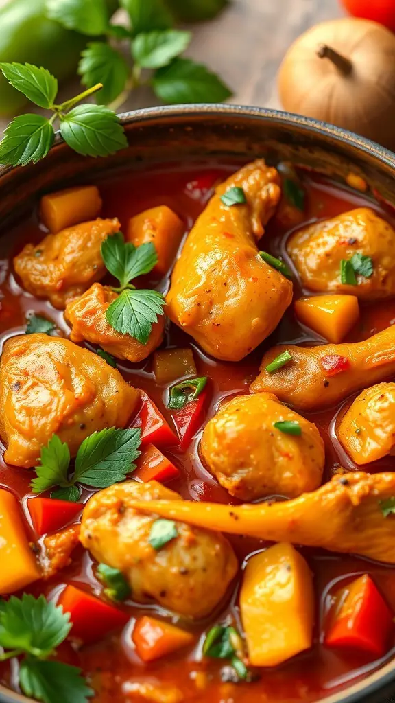 A bowl of spicy chicken stew with peppers, garnished with fresh herbs.