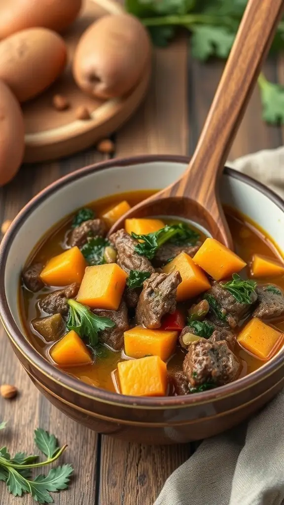 A bowl of beef stew with sweet potatoes and kale, garnished with fresh herbs.