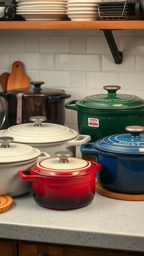 A variety of colorful Dutch ovens on a kitchen counter.
