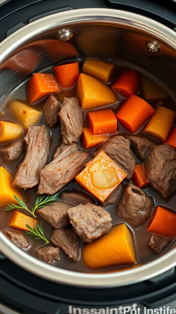 A close-up view of hearty beef stew with root vegetables in an Instant Pot.