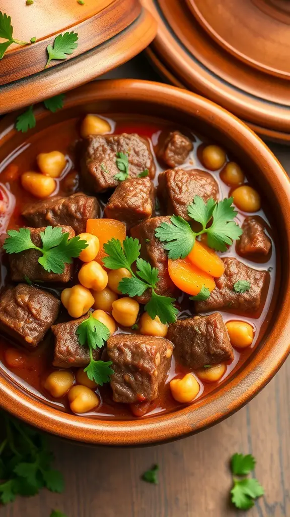 A bowl of Moroccan spiced beef stew with chickpeas and cilantro on top.