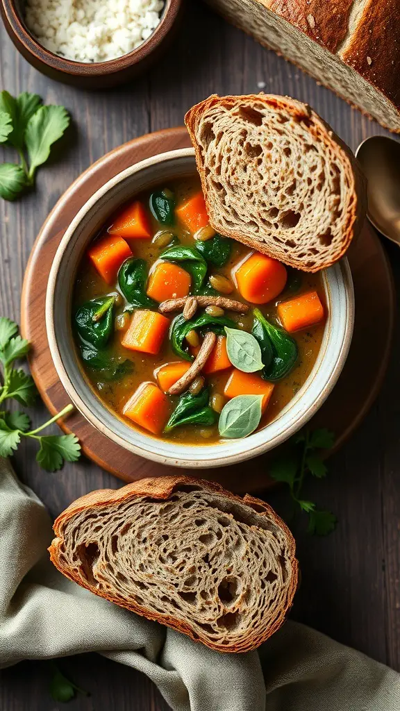 A bowl of lentil soup with spinach and carrots, served with a slice of whole grain bread.
