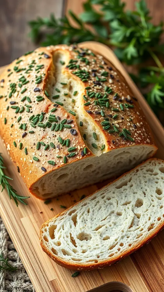 A loaf of herb-infused olive oil bread with a golden crust and herbs on top, sliced to show the soft interior.