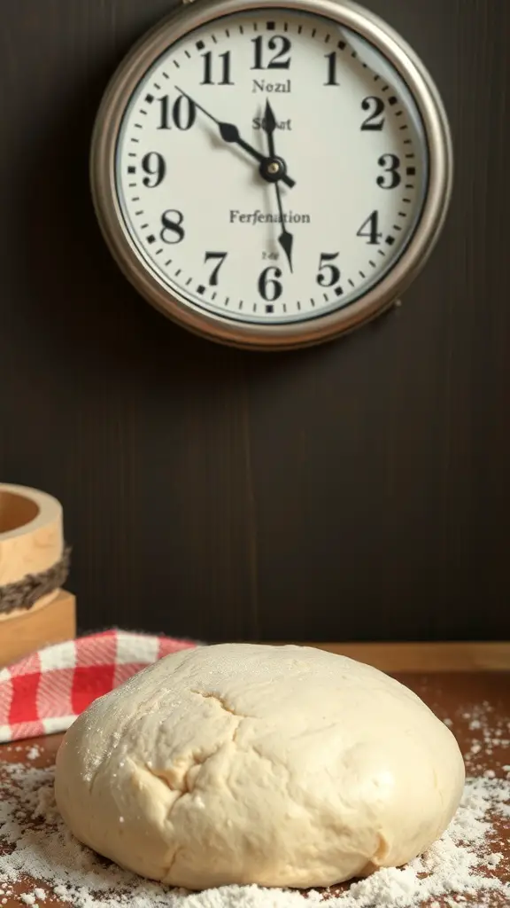 A clock showing fermentation time with dough resting on a wooden surface.