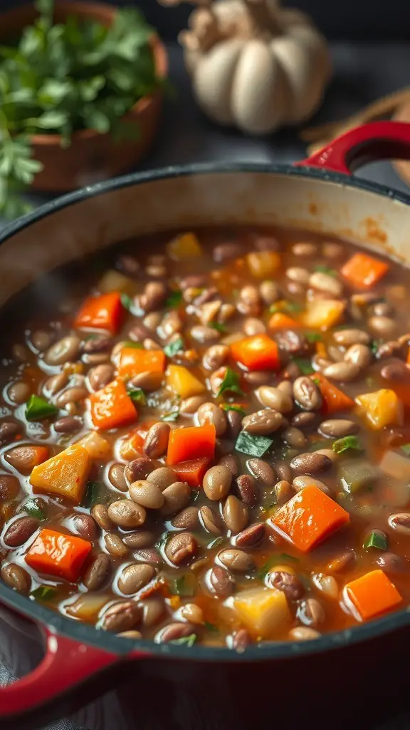 A pot of lentil and vegetable stew with colorful vegetables and lentils, garnished with herbs.