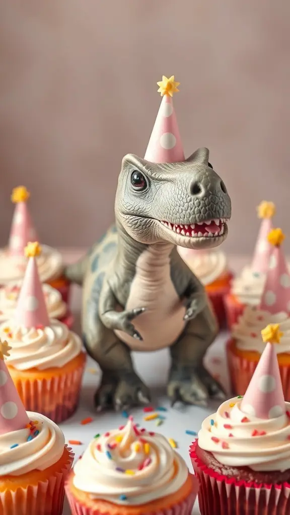 A brontosaurus figure wearing a party hat surrounded by colorful cupcakes with sprinkles.
