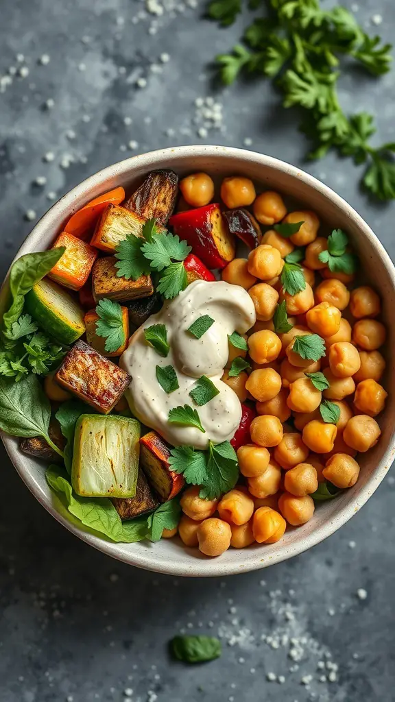 A colorful bowl filled with roasted vegetables, chickpeas, and a creamy sauce, garnished with fresh cilantro.