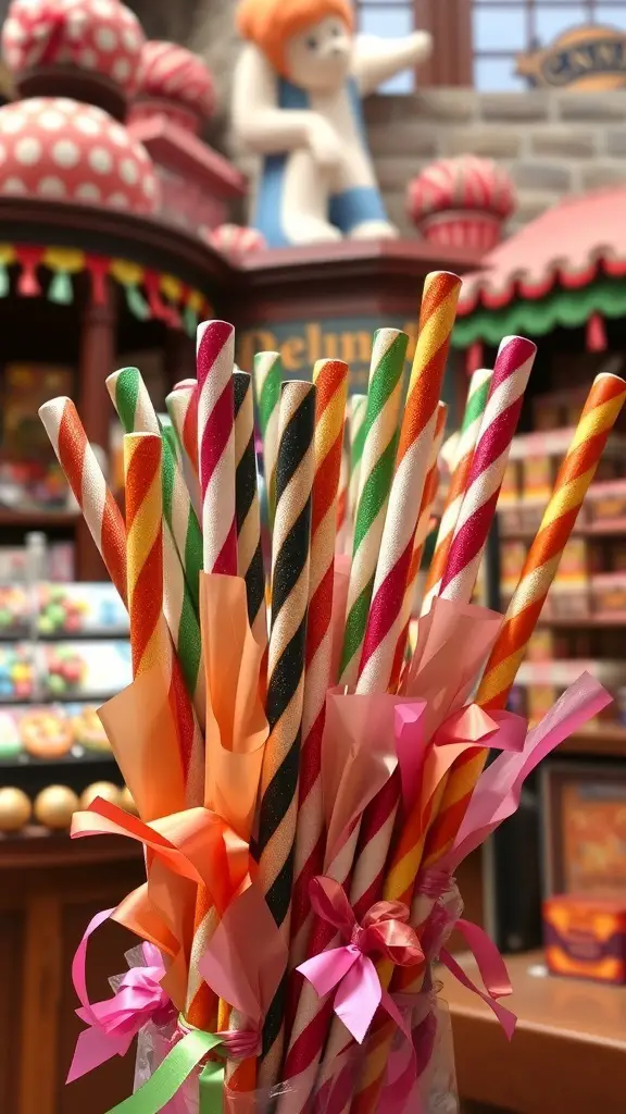 Colorful licorice wands displayed in a jar at Honeydukes