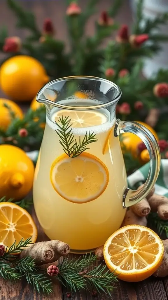 A pitcher of Ginger Lemonade Cooler surrounded by fresh lemons and ginger, garnished with greenery.