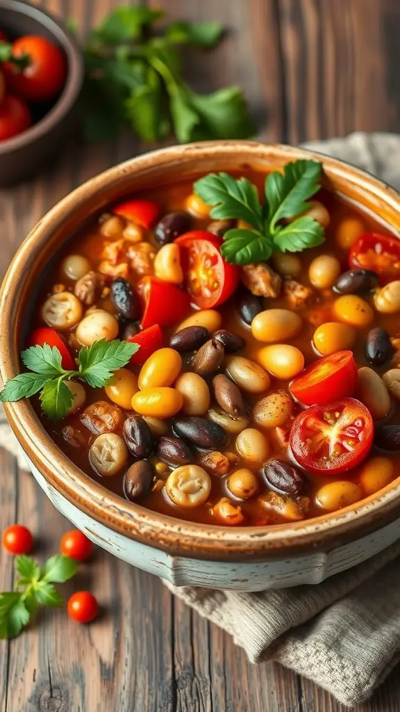 A bowl of colorful vegetarian chili loaded with various beans and fresh tomatoes.