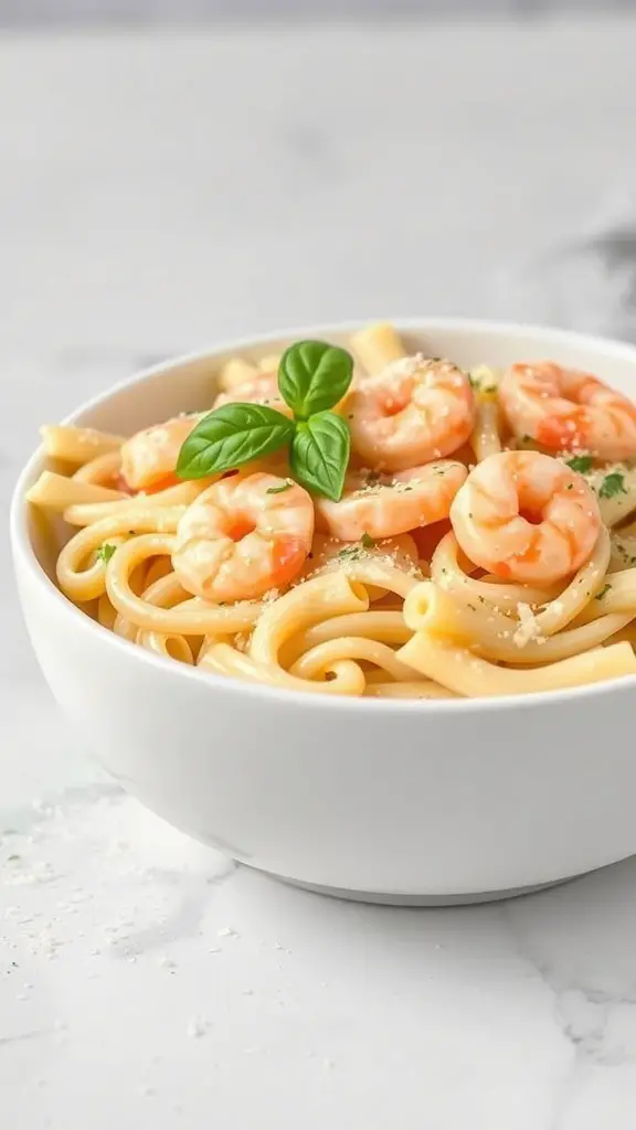 A bowl of creamy shrimp Alfredo penne garnished with basil.