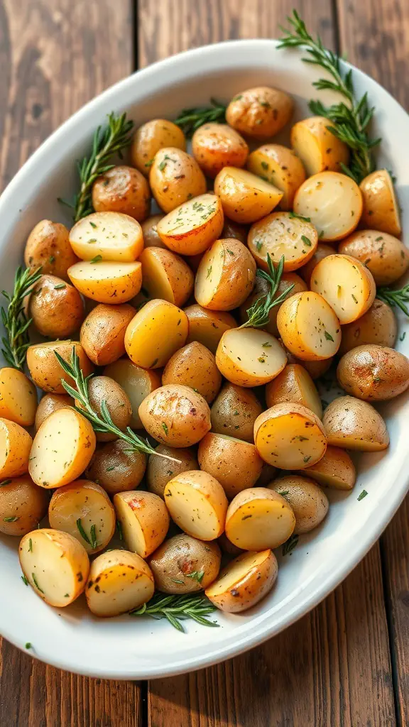 A dish of herb-roasted baby potatoes garnished with fresh herbs