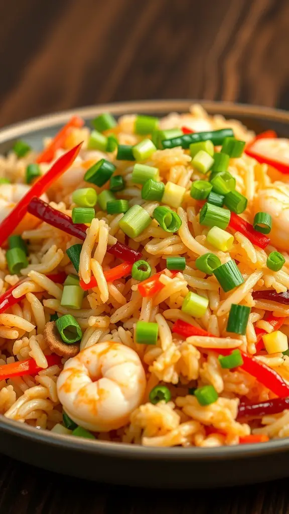 A plate of shrimp fried rice with vegetables, featuring shrimp, red peppers, and green onions.
