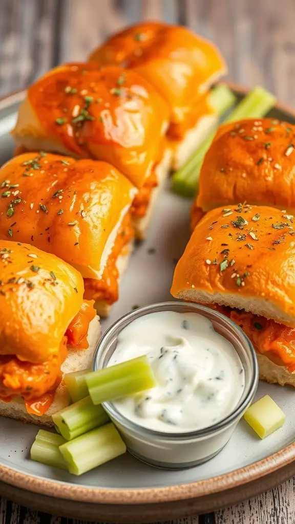 A plate of spicy buffalo chicken sliders with ranch dressing and celery sticks
