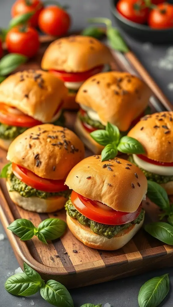 A platter of Caprese sliders with basil pesto, featuring fresh tomatoes and basil leaves.