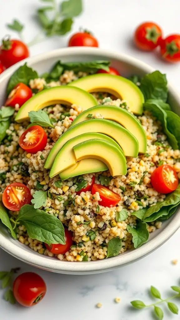 A bowl of avocado and quinoa salad with cherry tomatoes and greens.
