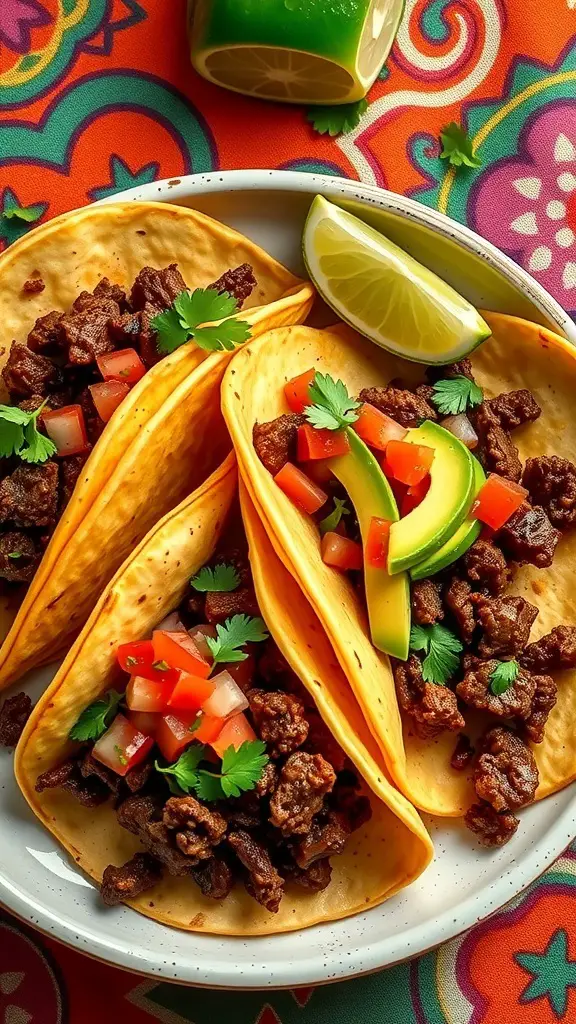 Three spicy beef tacos filled with ground beef, fresh salsa, and garnished with lime and cilantro.