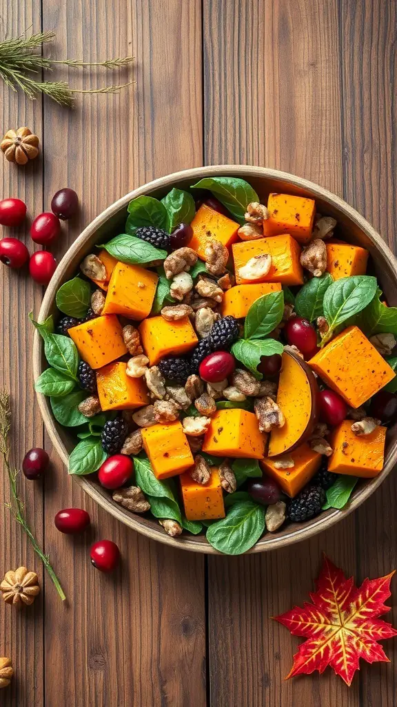 A colorful autumn salad featuring roasted squash, spinach, walnuts, and cranberries in a wooden bowl.