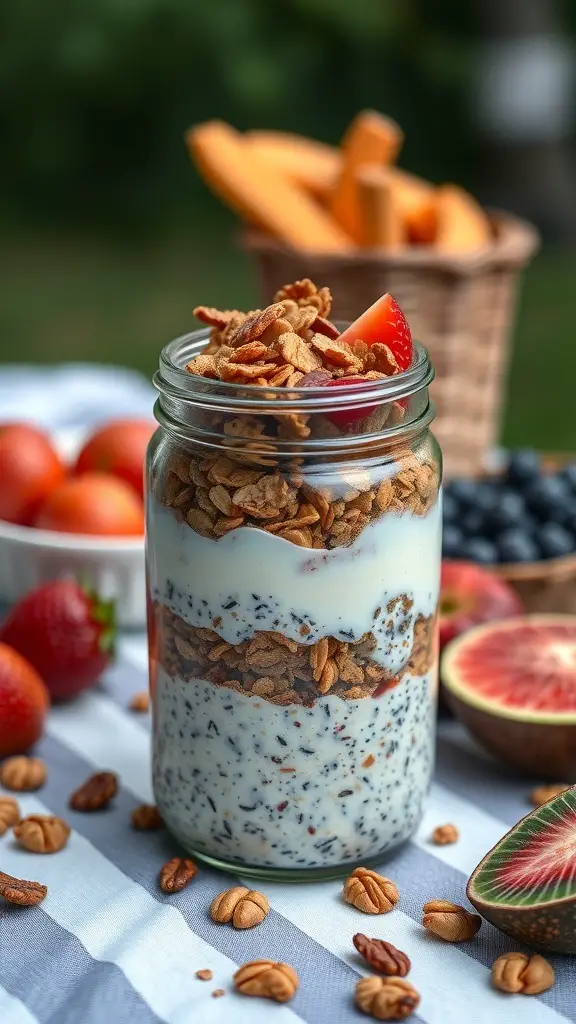A jar of layered oats with yogurt, granola, and fresh fruits