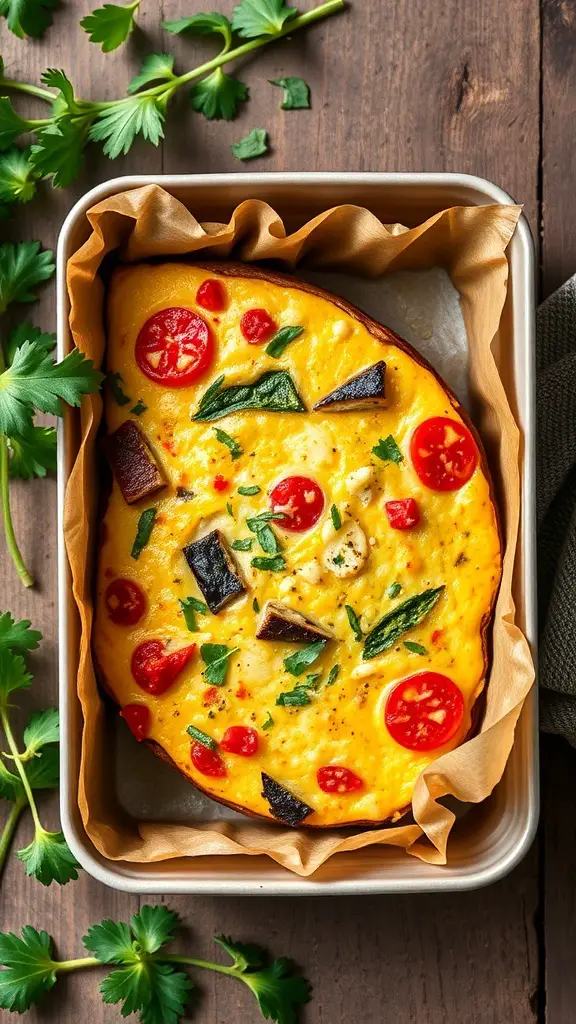 A savory vegetable frittata with tomatoes and herbs in a lunch box.