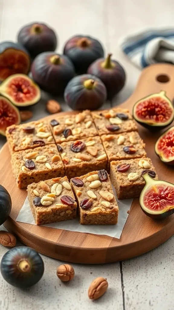 Chewy fig and nut snack bars on a wooden platter with fresh figs and nuts around them.