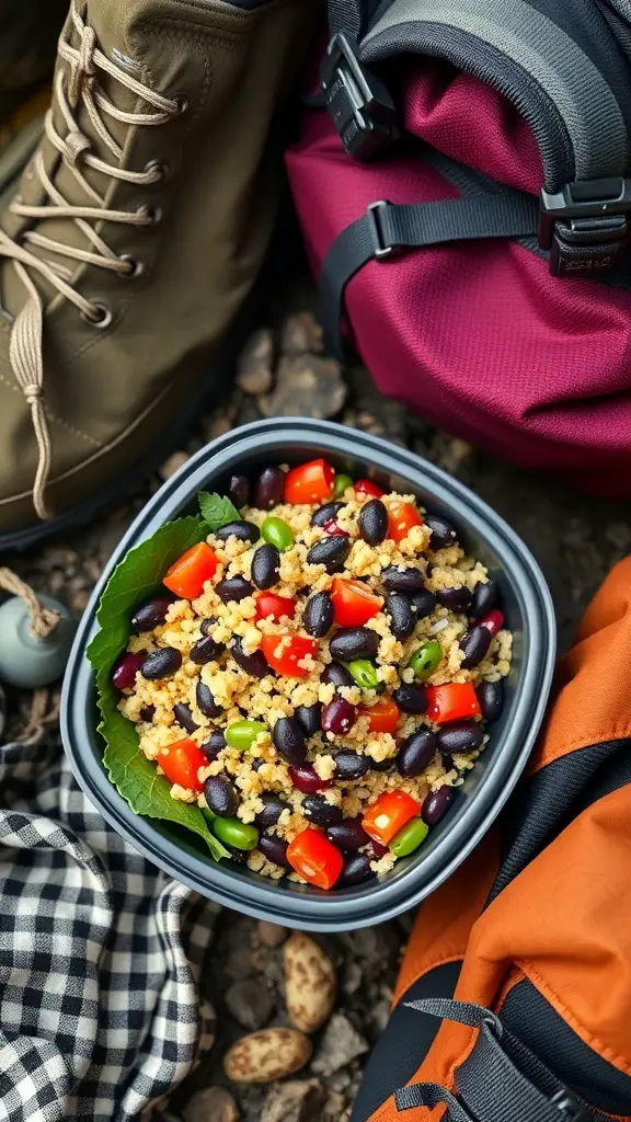 A bowl of quinoa and black bean salad next to hiking boots and backpacks.