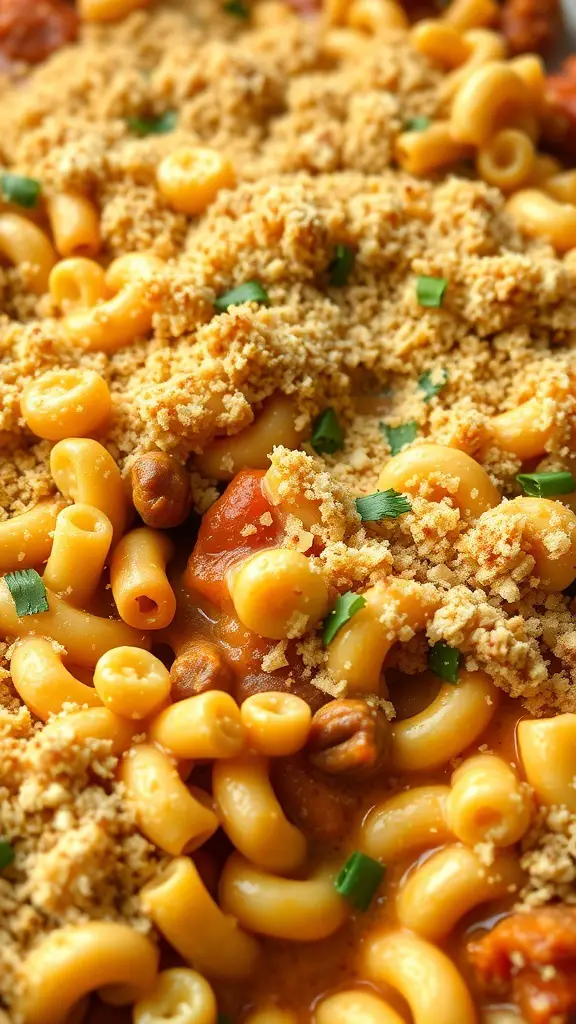 Close-up of Hatch Chili Mac and Cheese with a crunchy topping