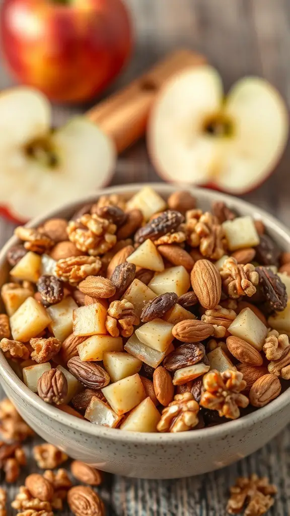 A bowl of spiced apple cinnamon trail mix with nuts and diced apples, surrounded by fresh apples and cinnamon sticks.