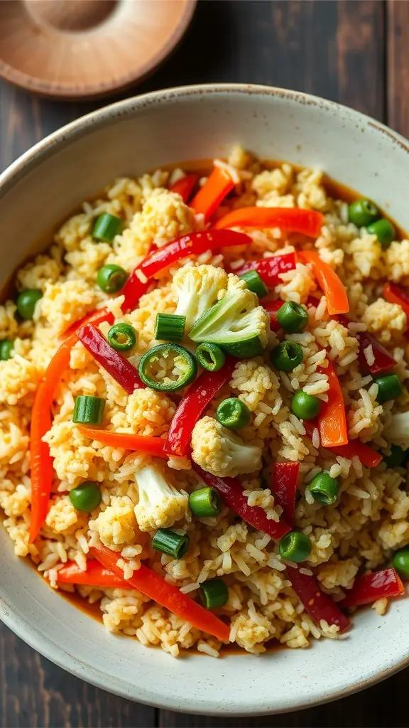A bowl of cauliflower rice stir-fry with colorful vegetables.